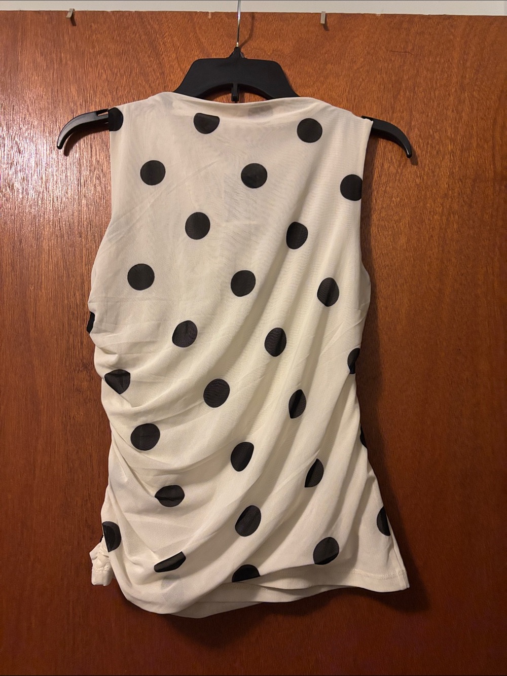 Sleeveless White Polka Dot Draped Top - Black Dot - Picture 2 of 3